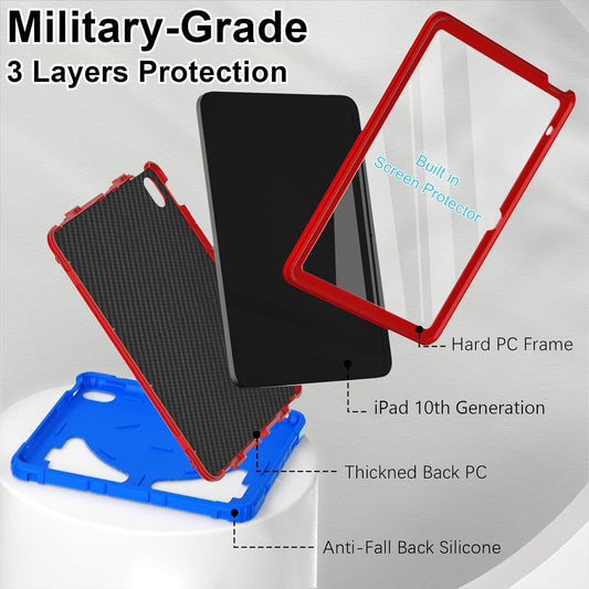 Case for iPad 10th Generation Case for Kids 10.9 Inch 2022 10th Gen/iPad A16 Generation 11 Inch 2025 Cover with Pen Holder Strap Kids Boys Thickned Cornor, Blue Red