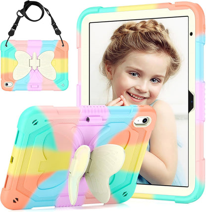 Case for iPad (A16) 11th/10th Generation (2025/2022), 11/10.9 inch Kids Girls Cover for iPad 10th/11th with Pencil Holder | Butterfly Kickstand, Adjustable Strap & Heavy Duty Design - Colorful