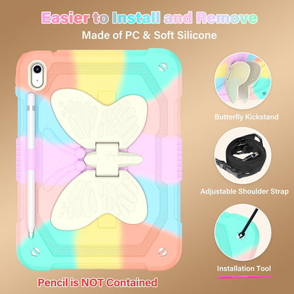 Case for iPad (A16) 11th/10th Generation (2025/2022), 11/10.9 inch Kids Girls Cover for iPad 10th/11th with Pencil Holder | Butterfly Kickstand, Adjustable Strap & Heavy Duty Design - Colorful