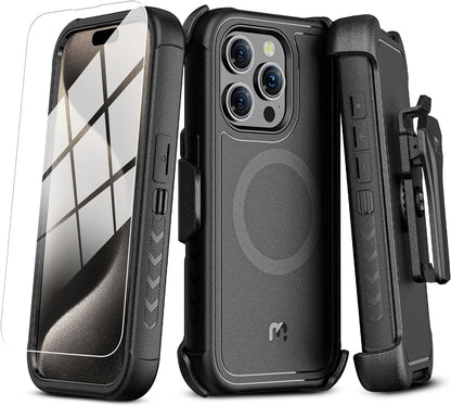 MYBAT PRO Maverick Series iPhone 15pro max Case with Belt Clip Holster,[Compatible with Magsafe] w/Screen Protector,Anti-Drop,Shockproof,with 360°Rotating Kickstand, Duty Protection Black