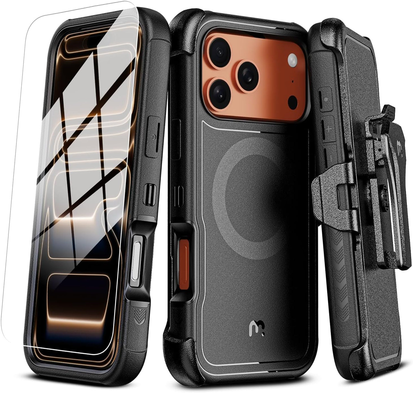M MYBAT PRO Maverick Series iPhone 17Pro Max Case with Belt Clip Holster,[Compatible with Magsafe] w/Screen Protector,Anti-Drop,Shockproof,with 360°Rotating Kickstand,Heavy Duty Protection Black