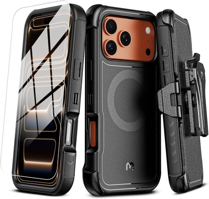 M MYBAT PRO Maverick Series iPhone 17Pro Max Case with Belt Clip Holster,[Compatible with Magsafe] w/Screen Protector,Anti-Drop,Shockproof,with 360°Rotating Kickstand,Heavy Duty Protection Black