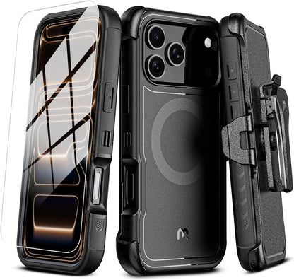 M MYBAT PRO Maverick Series iPhone 17Pro Case with Belt Clip Holster,[Compatible with Magsafe] w/Screen Protector,Anti-Drop,Shockproof,with 360°Rotating Kickstand,Heavy Duty Protection Black