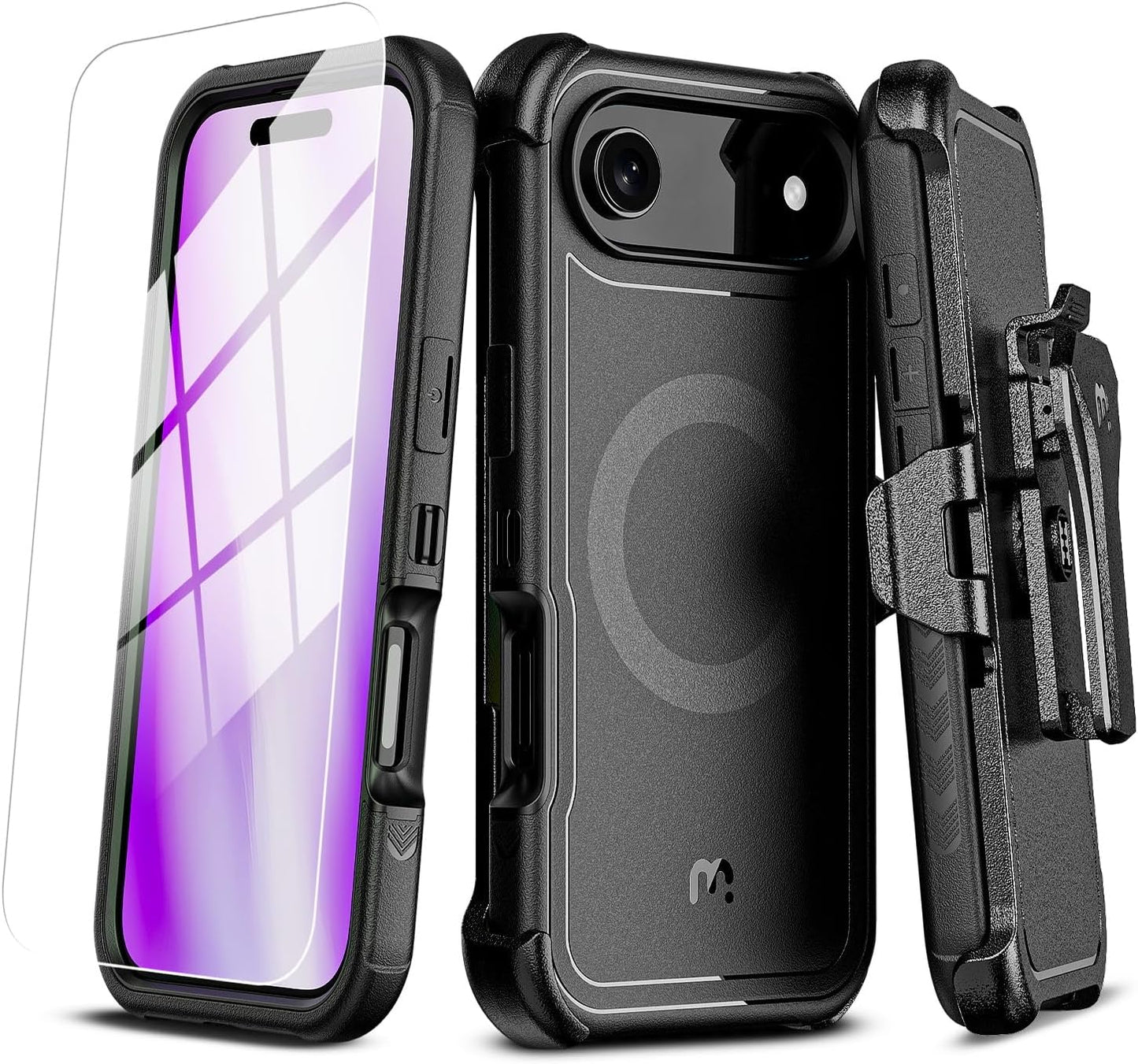 M MYBAT PRO Maverick Series iPhone Air Case with Belt Clip Holster,[Compatible with Magsafe] w/Screen Protector,Anti-Drop,Shockproof,with 360°Rotating Kickstand,Heavy Duty Protection Black