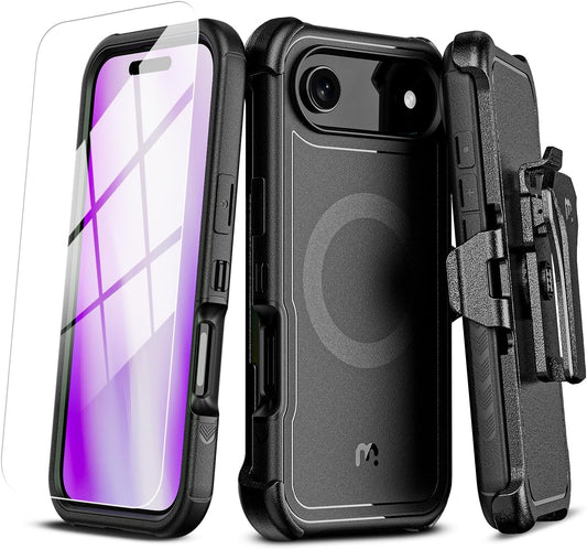 M MYBAT PRO Maverick Series iPhone Air Case with Belt Clip Holster,[Compatible with Magsafe] w/Screen Protector,Anti-Drop,Shockproof,with 360°Rotating Kickstand,Heavy Duty Protection Black