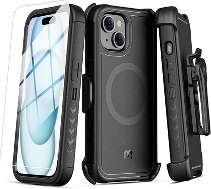 MYBAT PRO Maverick Series for iPhone 15,14,13 6.1 Case with Belt Clip Holster,[Compatible with Magsafe] w/Screen Protector,Anti-Drop,Shockproof,with 360°Rotating Kickstand, Duty Protection Black