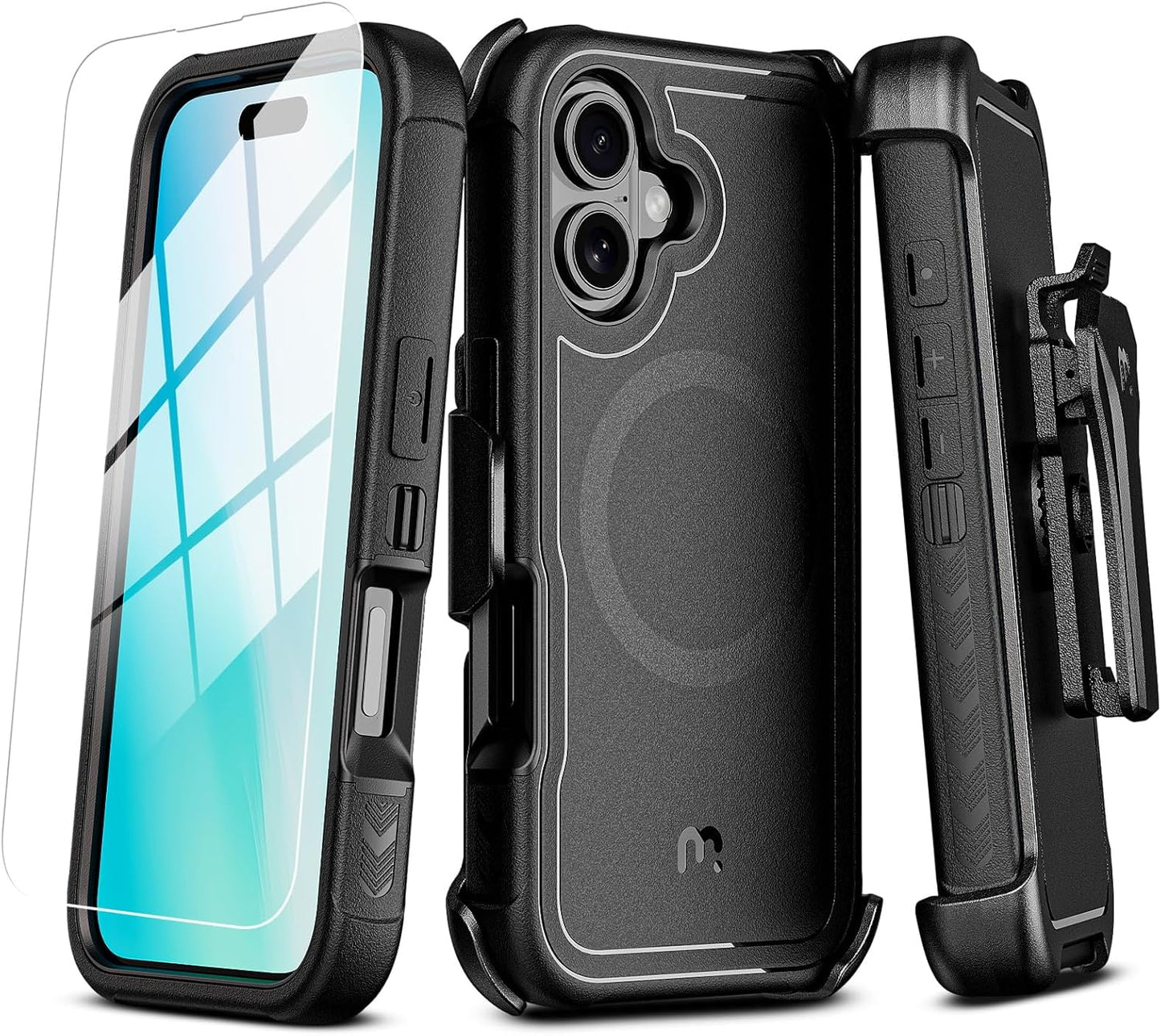 MYBAT PRO Maverick Series iPhone 16plus 6.7 Case with Belt Clip Holster,[Compatible with Magsafe] w/Screen Protector,Anti-Drop,Shockproof,with 360°Rotating Kickstand, Duty Protection Black