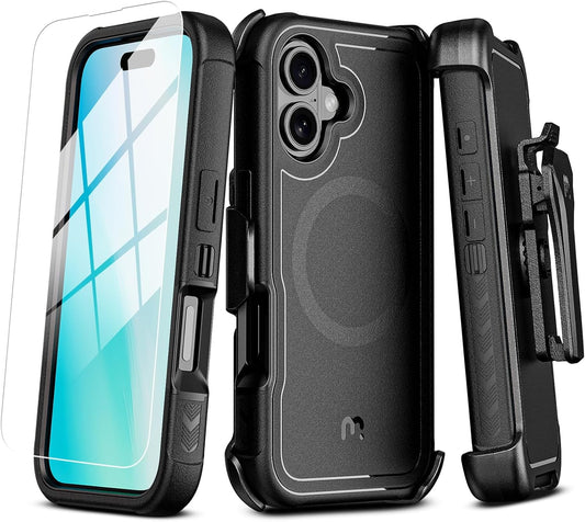 M MYBAT PRO Maverick Series iPhone 17 Case with Belt Clip Holster,[Compatible with Magsafe] w/Screen Protector,Anti-Drop,Shockproof,with 360°Rotating Kickstand,Heavy Duty Protection Black