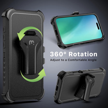 M MYBAT PRO Maverick Series iPhone 17 Case with Belt Clip Holster,[Compatible with Magsafe] w/Screen Protector,Anti-Drop,Shockproof,with 360°Rotating Kickstand,Heavy Duty Protection Black