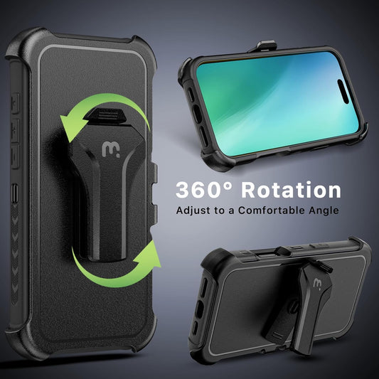 M MYBAT PRO Maverick Series iPhone 17 Case with Belt Clip Holster,[Compatible with Magsafe] w/Screen Protector,Anti-Drop,Shockproof,with 360°Rotating Kickstand,Heavy Duty Protection Black